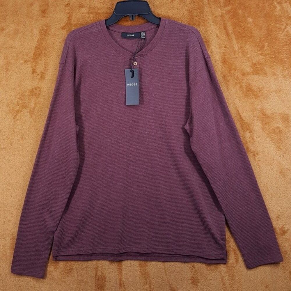 HEDGE Shirt Mens XL Burgundy Pullover Henley Ribbed Knit Long Sleeve